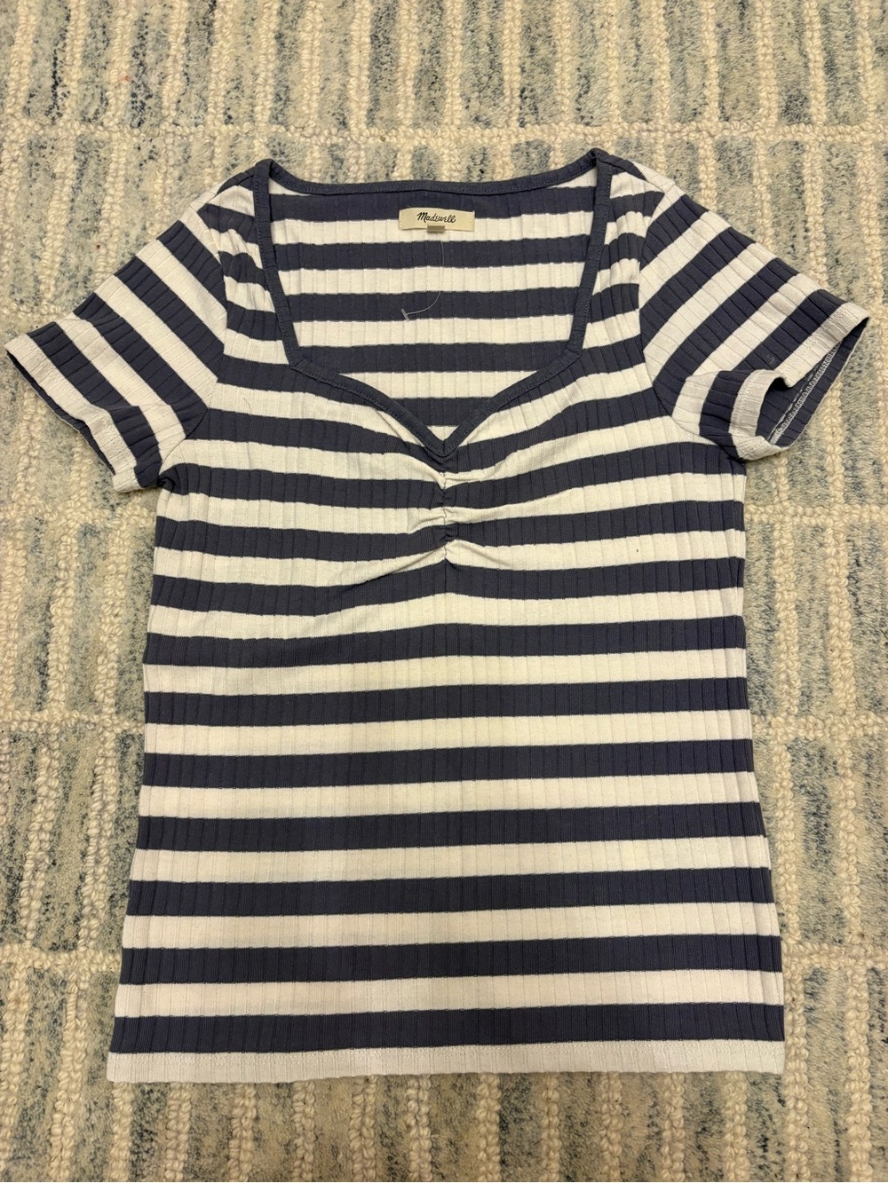 Madewell Navy & White Ribbed Stripe Short Sleeve Tee with Front Twist